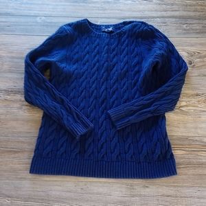 Cozy Warm Blue Cable Knit Ribbed Textured Crew Neck Long Sleeve Sweater Top